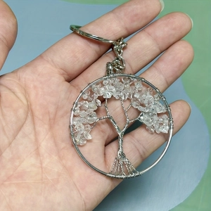 Natural crystal tree of life keychain pendant with handcrafted silver wire wrapping