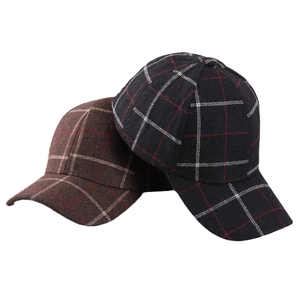 Classic houndstooth plaid baseball caps in dark grey and brown wool fabric for winter