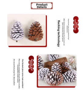 Detail view of decorative pine cones with natural finish and white flocking snow effect