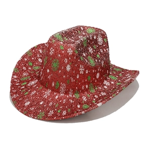 Red sequined Christmas cowboy hat featuring festive green and white snowflake patterns