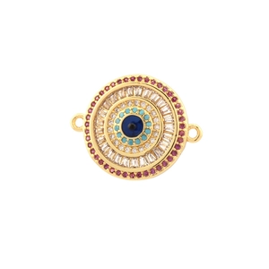 Macro shot of gold evil eye connector charm with colorful zircon inlay for DIY jewelry