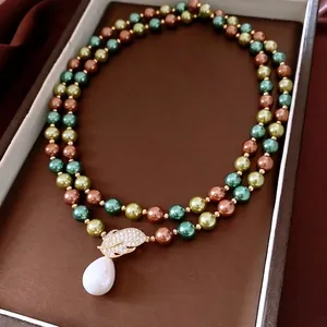 Vintage 18K gold plated pearl necklace with double layer beads and leaf pendant