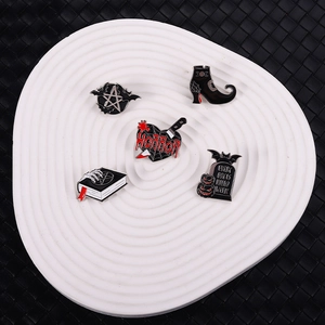 Detailed set of 5 dark style alloy pins including horror book and pumpkin gravestone