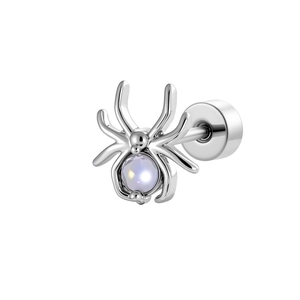 Silver spider cartilage stud earring with opal gemstone and flat back screw post
