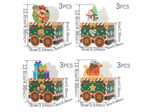 Detail view of 4 Christmas train gift box designs with dimensions 9x6x12.6cm and 3PCS label