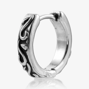 Vintage silver stainless steel hoop earring with black oxidized tribal star patterns