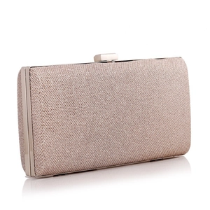 Detail view of the champagne gold sequin texture and metal clasp on the square evening bag
