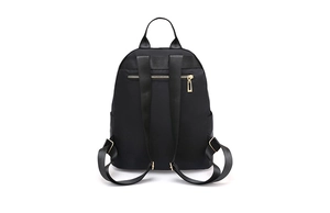 Rear view of black oxford backpack with quilted diamond pattern and anti-theft zipper pocket