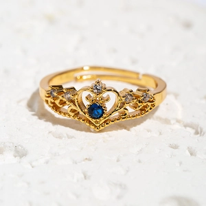 Crown Ring Copper Gold Plated Blue Zircon Adjustable Open Design Fashion Jewelry For Women Wedding Anniversary Gift