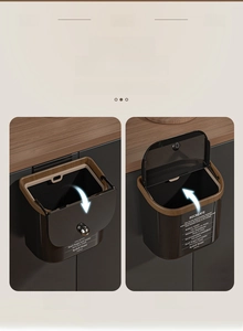 Hanging kitchen trash can showing two-way opening lid modes and wood grain detail