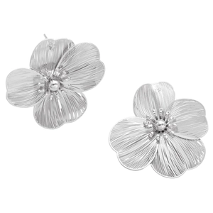 Detailed view of silver flower earrings with radiant brushed texture and center bead