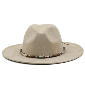 Beige faux suede cowboy hat with wide brim and beaded chain trim for men and women