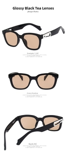 Detailed views of shiny black square sunglasses with light brown lenses and silver accents