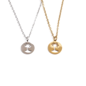 Palm Tree Pendant Necklace Stainless Steel Hollow Round Tropical Beach Jewelry For Men Women