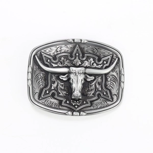 Detailed relief of bull head skull on vintage Western cowboy zinc alloy belt buckle