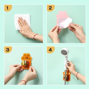 Orange cat claw adjustable shower head holder installation guide with four steps