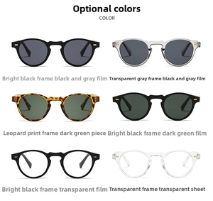 Six montures de lunettes de soleil rondes vintage présentées dans une grille professionnelle