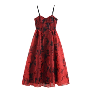 Robe Maxi Camisole En Organza À Imprimé Floral Pour Femmes Col En V Sexy Taille Haute Ligne A Fête