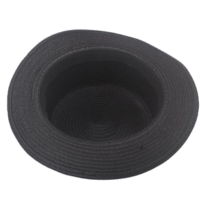Detail of black straw boater hat showing fine spiral weave and inner comfort sweatband