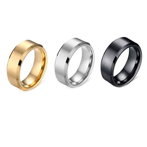 Brushed stainless steel rings with beveled edges in gold, silver, and black finishes