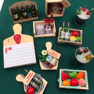 Miniature Wine Bottles And Fruit Fridge Magnets Wood Resin 3D Ornaments Dollhouse Accessories Home Decor Cute Cartoon Style