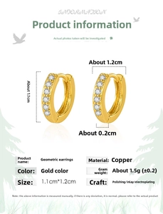 Size chart showing 1.1cm by 1.2cm dimensions for gold-plated geometric hoop earrings