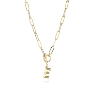 Detailed view of golden capital letter E pendant on a trendy paperclip chain with OT toggle