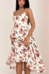 Detail of floral spaghetti strap summer dress with white background and red flower pattern