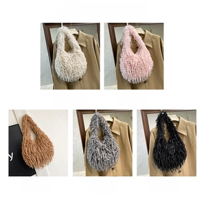 Chic crescent plush shoulder bags with fringe tassels in white, pink, khaki, grey, and black
