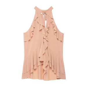 Detail of pink tiered ruffle halter top with lightweight chiffon fabric texture