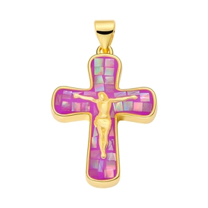 Detail view of cross pendant with purple shell inlay and golden crucifix relief
