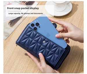 Detail of dark blue quilted leather bag showing a smartphone fitting in front pocket
