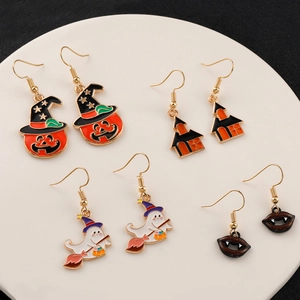 Halloween earring set with pumpkin, ghost, castle and lip shapes in colorful enamel