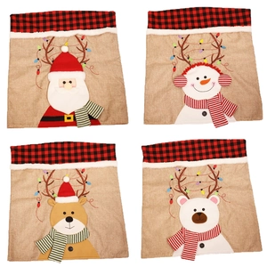 Set of 4 linen Christmas chair back covers with Santa, snowman, reindeer and bear patterns