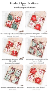 Detail view of various wooden Christmas tree ornaments set including Santa and bells