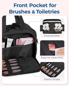 Front pocket of black travel toiletry bag with PVC lining and elastic brush straps