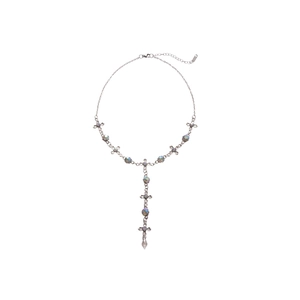 Sparkling crystal cross necklace with teardrop pendant and rainbow gemstones on silver chain