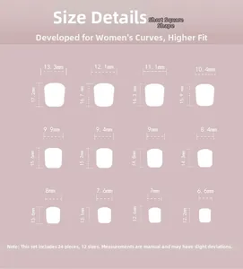 Detailed size chart for short square press-on nails showing 24 pieces in 12 various dimensions