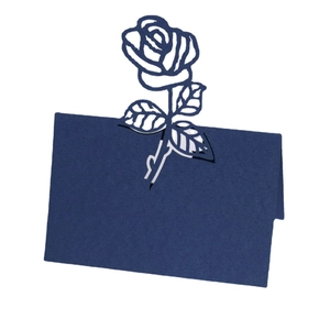 Navy blue 3D hollow rose laser-cut wedding place card in high-quality pearlescent paper