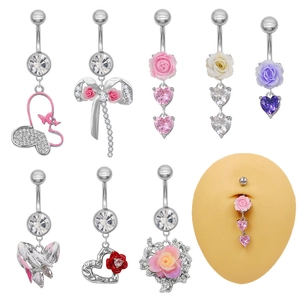 Piercing de Nombril en Alliage Rose Cœur Papillon Strass Incrusté Bijoux de Piercing pour Femme Mode Piercing de Nombril