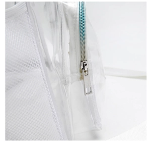 Detail of transparent PVC material with white mesh side pocket and silver metal zipper slide