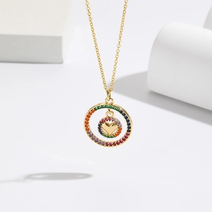 18K gold plated necklace with rainbow zircon double circle and hollow heart pendant