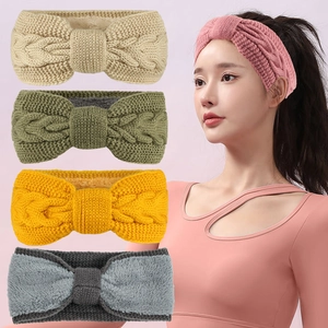 Knitted Headband For Women Winter Warm Fleece Lined Cable Knit Ear Warmer Bow Knot Thick Crochet Hair Band Outdoor