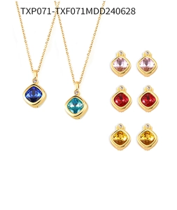 Detail view of colorful cushion cut cubic zirconia jewelry set with gold finish