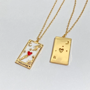 Vintage tarot The Lovers pendant necklace with gold chain and pink heart engraving