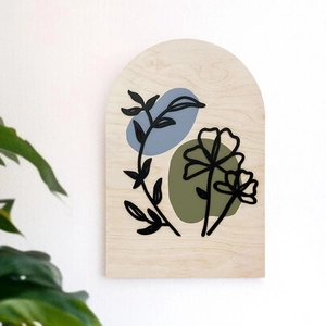 Bohemian floral wood arch sign with modern abstract patterns for minimalist wall decor