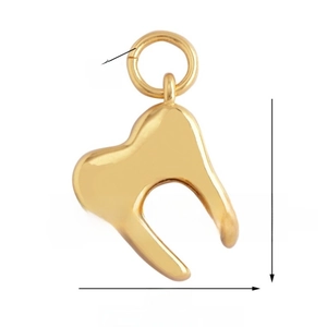 Detailed view of gold-tone tooth shaped pendant with size dimensions and weight stats