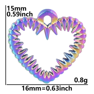 Macro shot of spiked heart pendant with rainbow metallic finish and size measurements