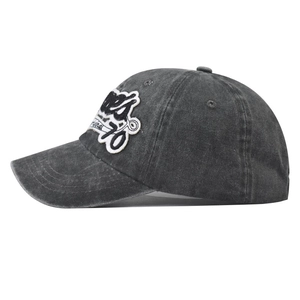 Detailed side view showing charcoal gray washed cotton fabric and Original 70 embroidery