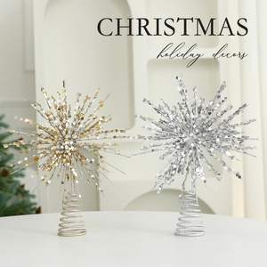 Champagne and silver star Christmas tree toppers with sparkling sequins and spiral bases